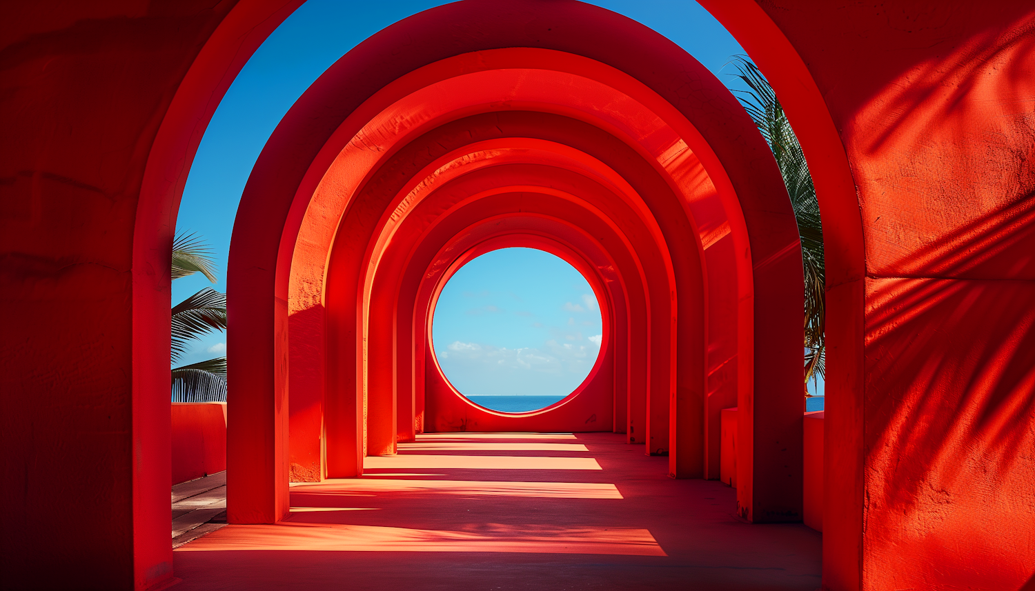 Red-Orange Arched Tunnel to Ocean