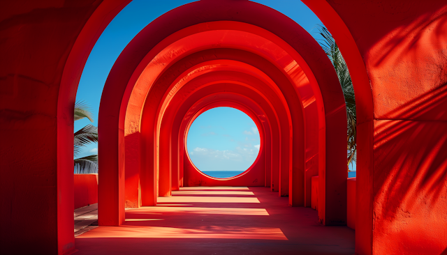 Red-Orange Arched Tunnel to Ocean