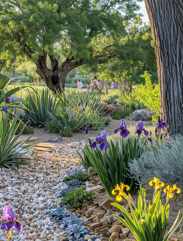 Serene Garden with Irises and Family