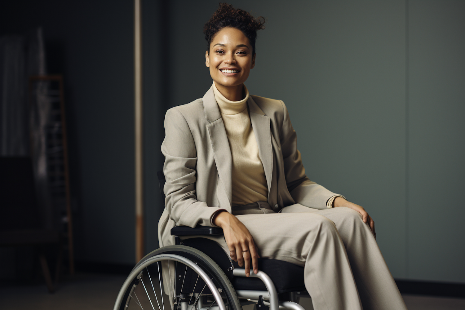 Professional Warmth in Beige - The Radiant, Confident and Approachable Woman in a Wheelchair