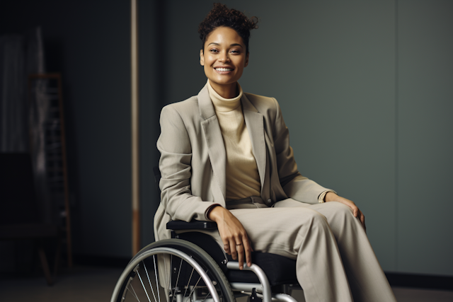 Professional Warmth in Beige - The Radiant, Confident and Approachable Woman in a Wheelchair