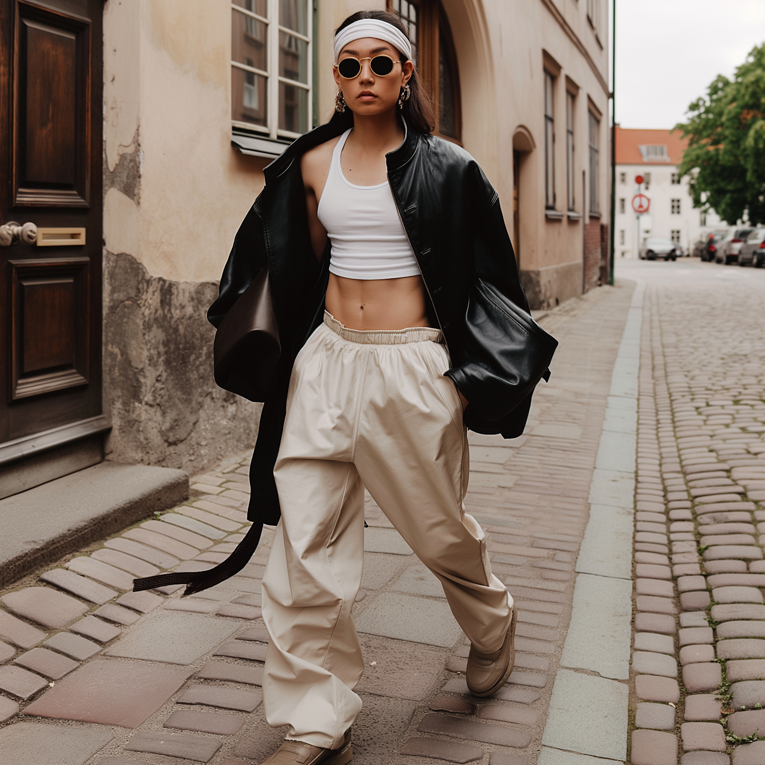 Fashionable Woman Walking Down Cobblestone Street