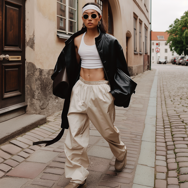 Fashionable Woman Walking Down Cobblestone Street