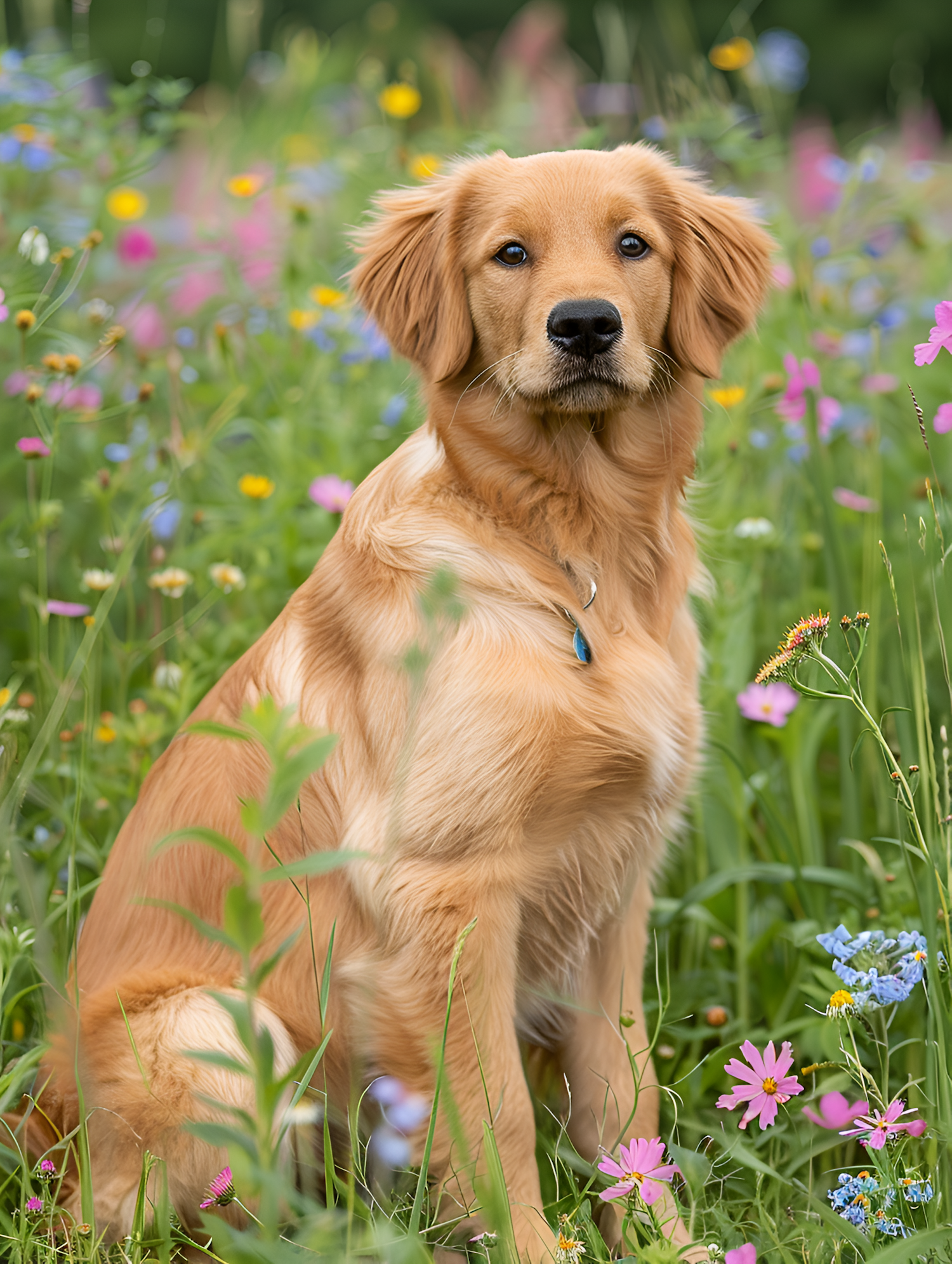 Golden Retriever in Wildflower Field