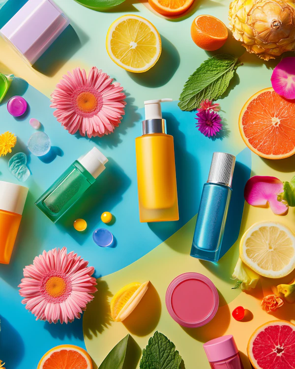 Vibrant Cosmetic and Fruit Arrangement