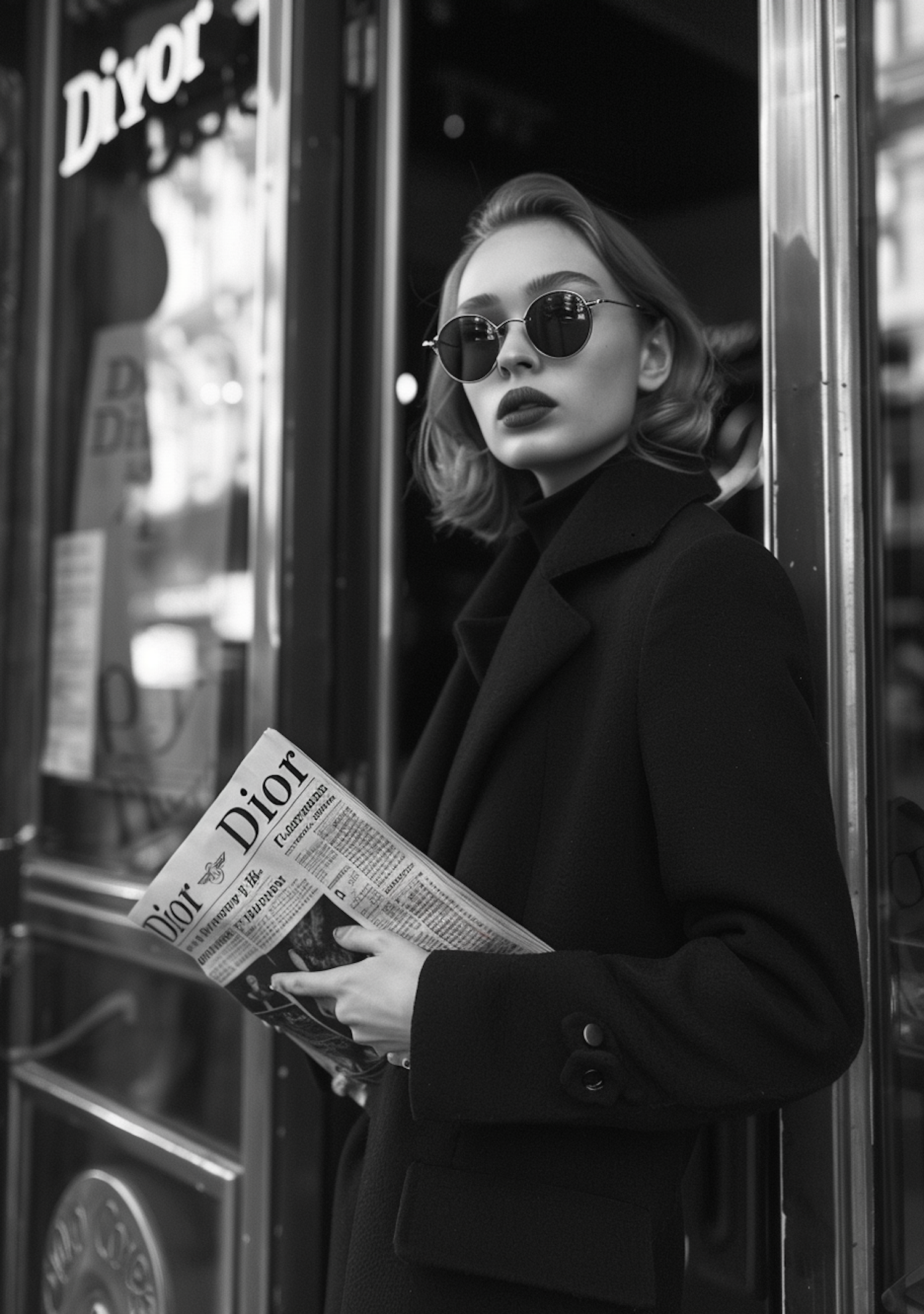 Elegant Woman at Dior Shop Entrance