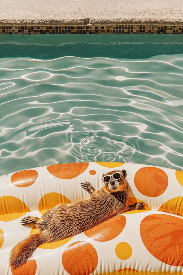 Raccoon Relaxing on Pool Float