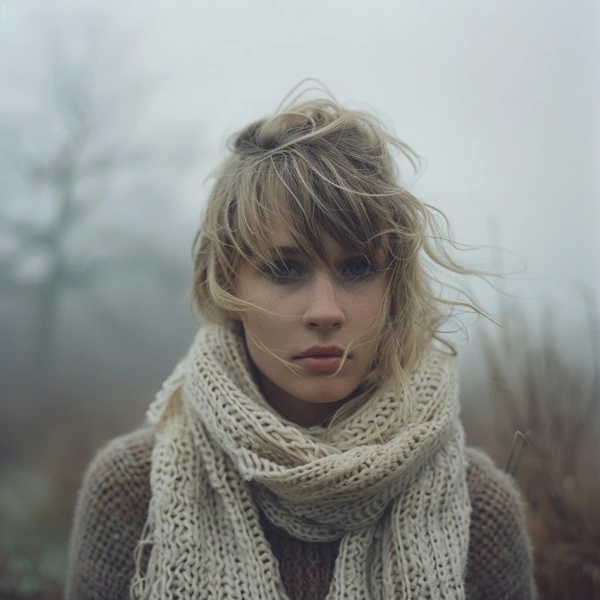 Serene Woman in Foggy Landscape