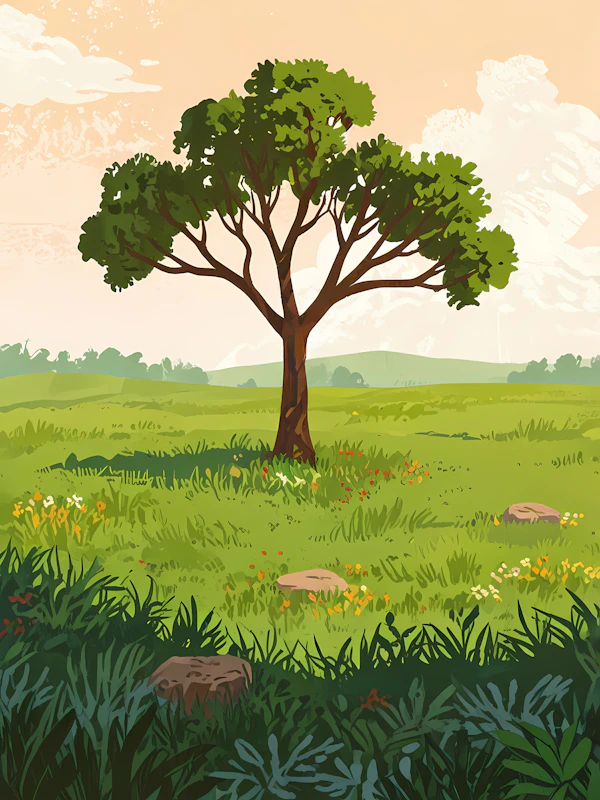 Solitary Tree in Lush Field