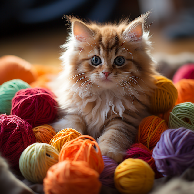 Curious Whiskers Amidst Yarn Rainbow