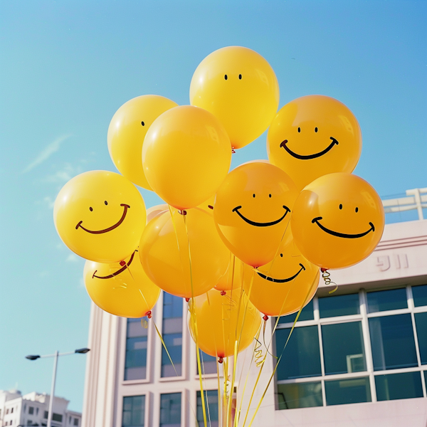 Smiley Yellow Balloons Against Blue Sky