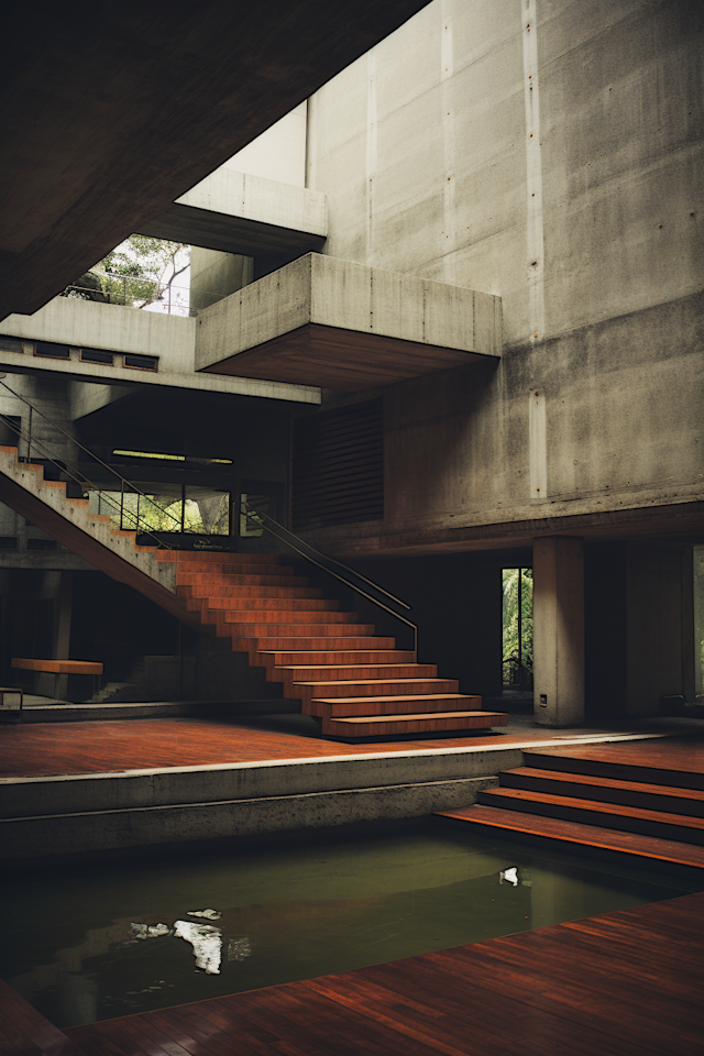 Serenity Steps: A Harmonious Blend of Concrete, Wood, and Water