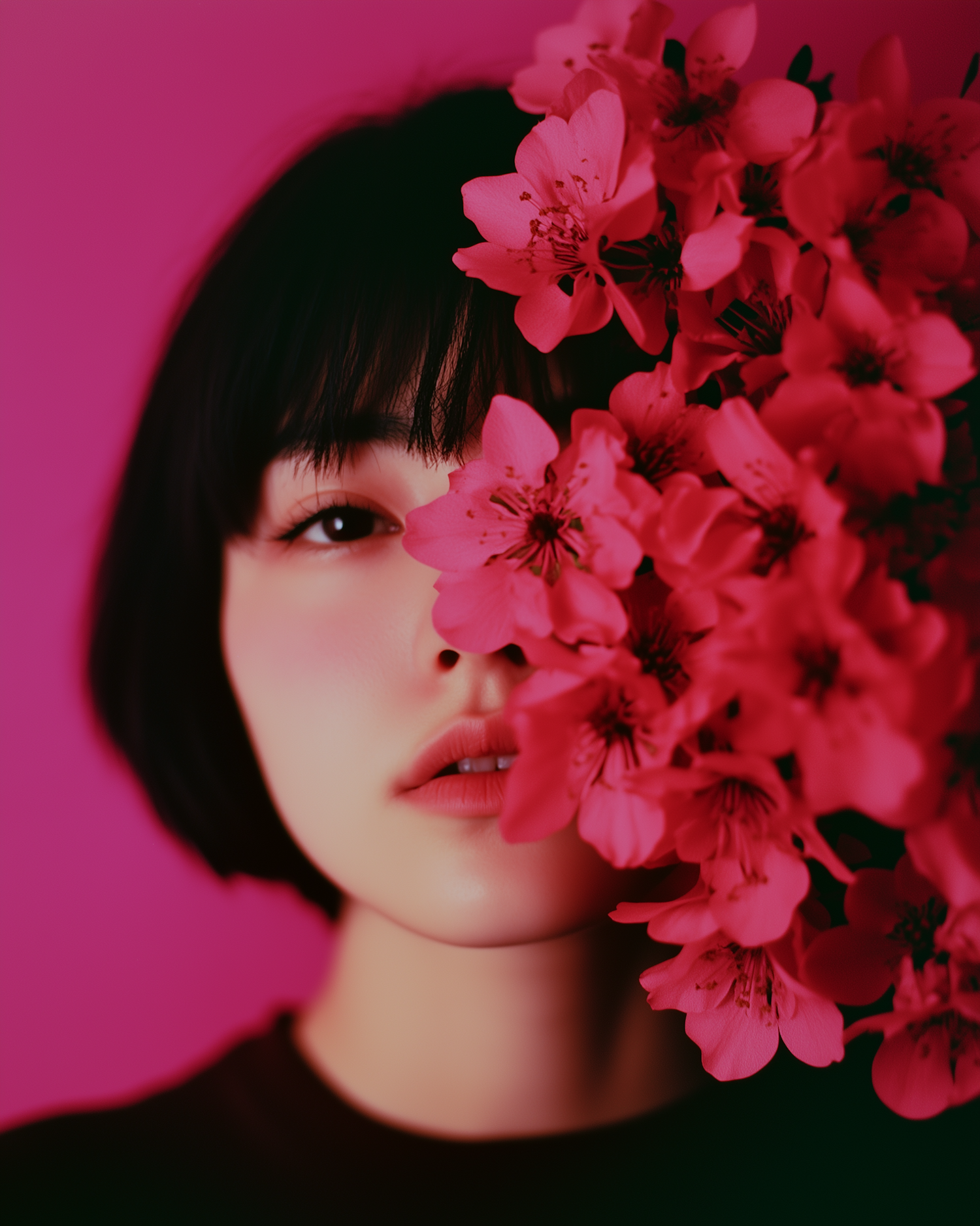 Serene Portrait with Pink Flowers