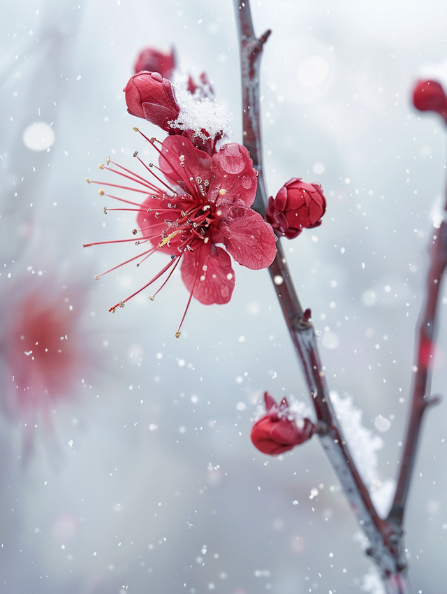 Red Flowers Under Snow