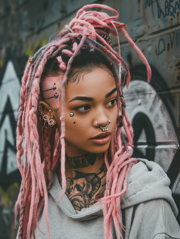 Portrait of a Young Woman with Pink Dreadlocks and Piercings