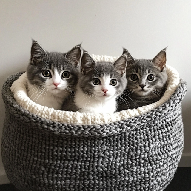 Cozy Kittens in Knitted Basket