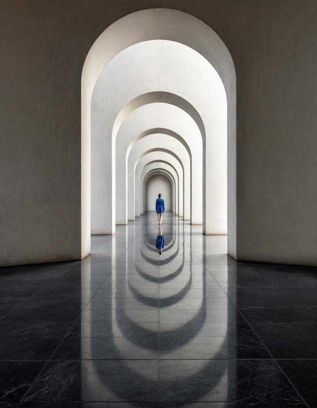 Solitary Figure in Symmetrical Corridor