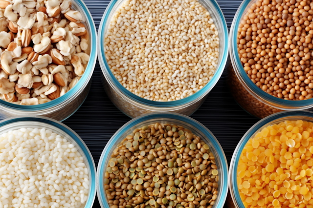 Array of Legumes and Grains in Glass Bowls