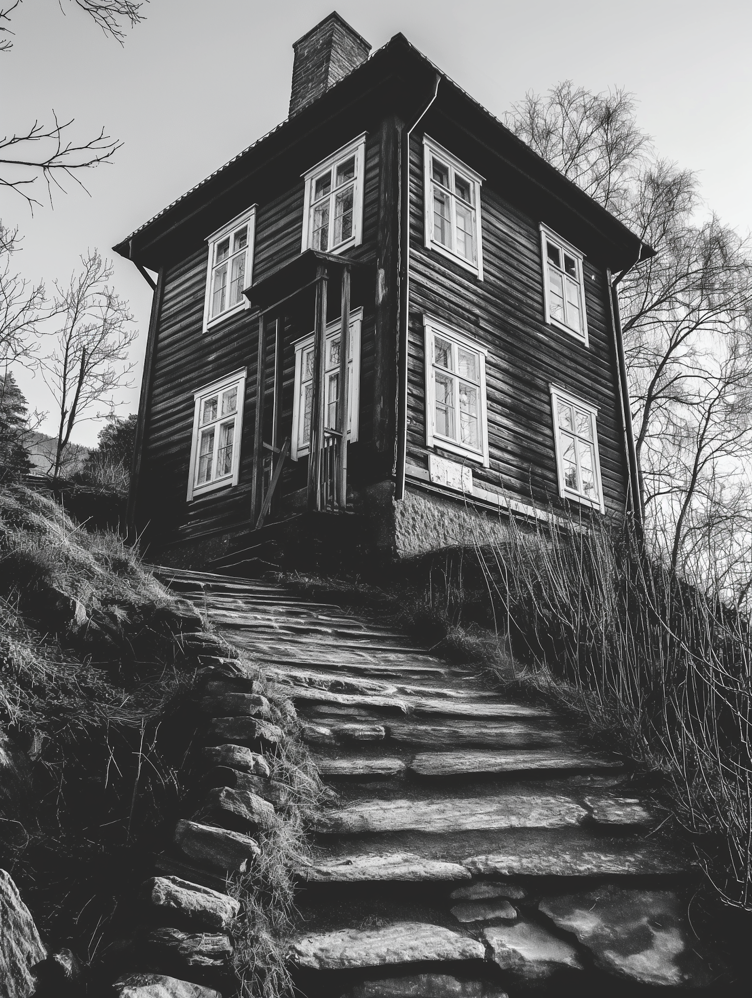 Old Two-Story House with Stone Stairway