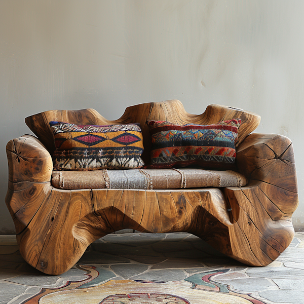 Rustic Wooden Sofa with Tribal Pillows