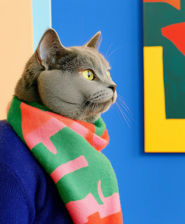 Stylish Gray Cat with Scarf
