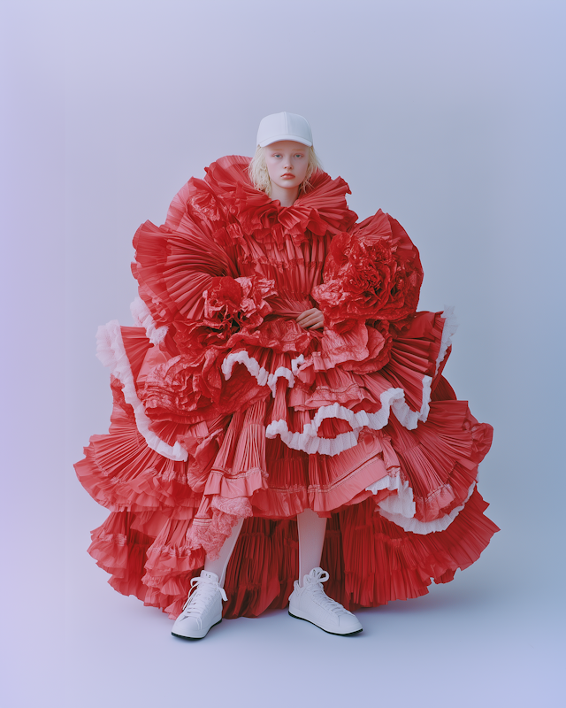 Person in Extravagant Red Dress with Casual Accessories