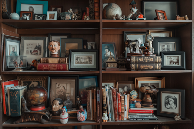 Antique Collection Display on Bookshelf