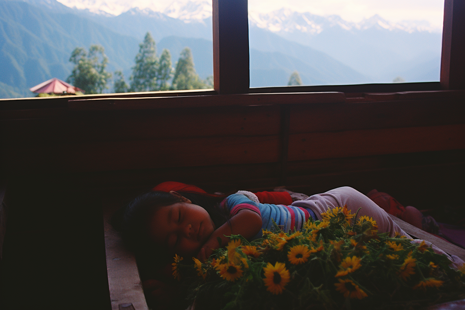 Serene Slumber Amidst Sunflowers and Mountains