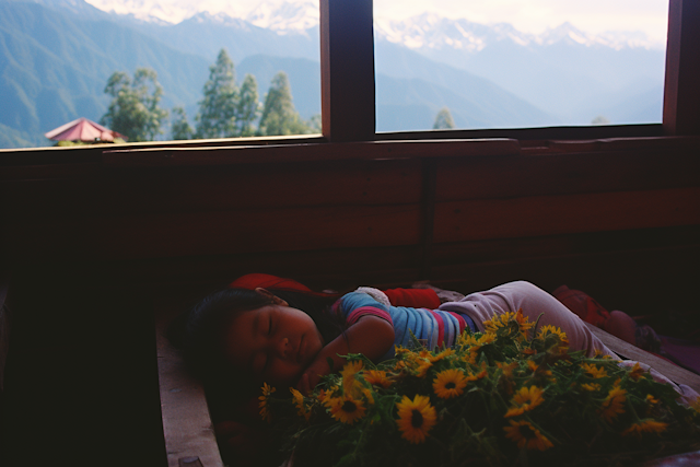 Serene Slumber Amidst Sunflowers and Mountains