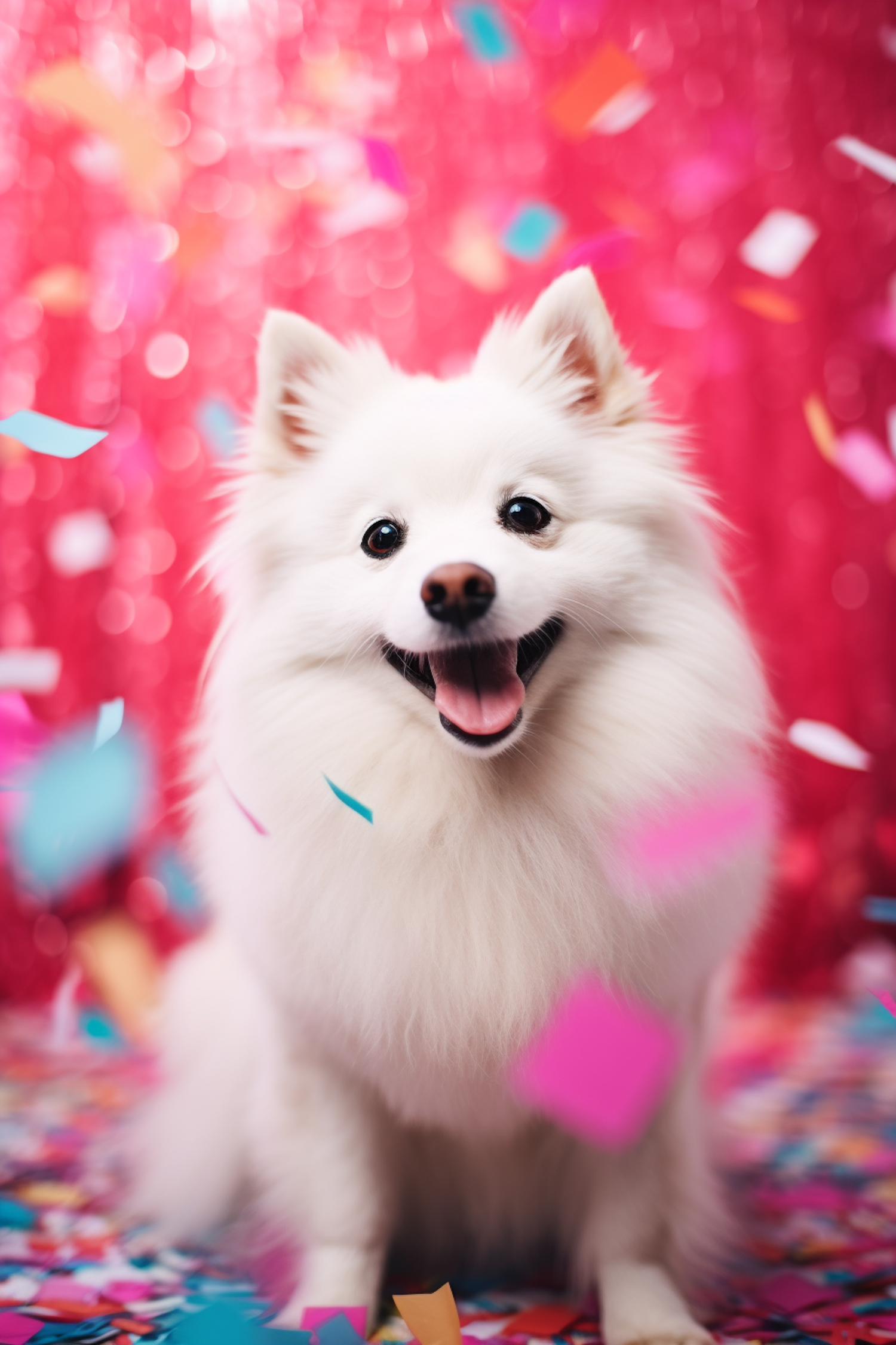 Celebratory Pomeranian in Pink Confetti