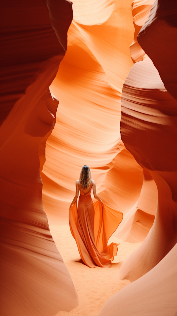 Elegance in Solitude: Woman in Flowing Dress Amidst Warm Sandstone Canyons