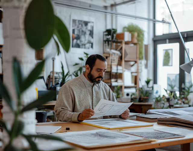 Man Analyzing Paper in Studio