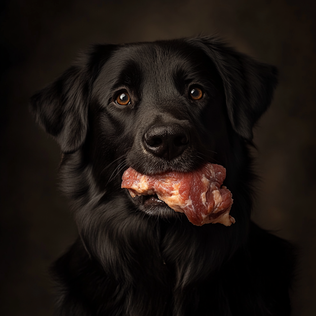 Black Dog with Raw Meat