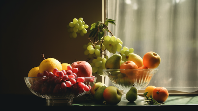 Classic Still Life with Assorted Fruits and Glass Bowls