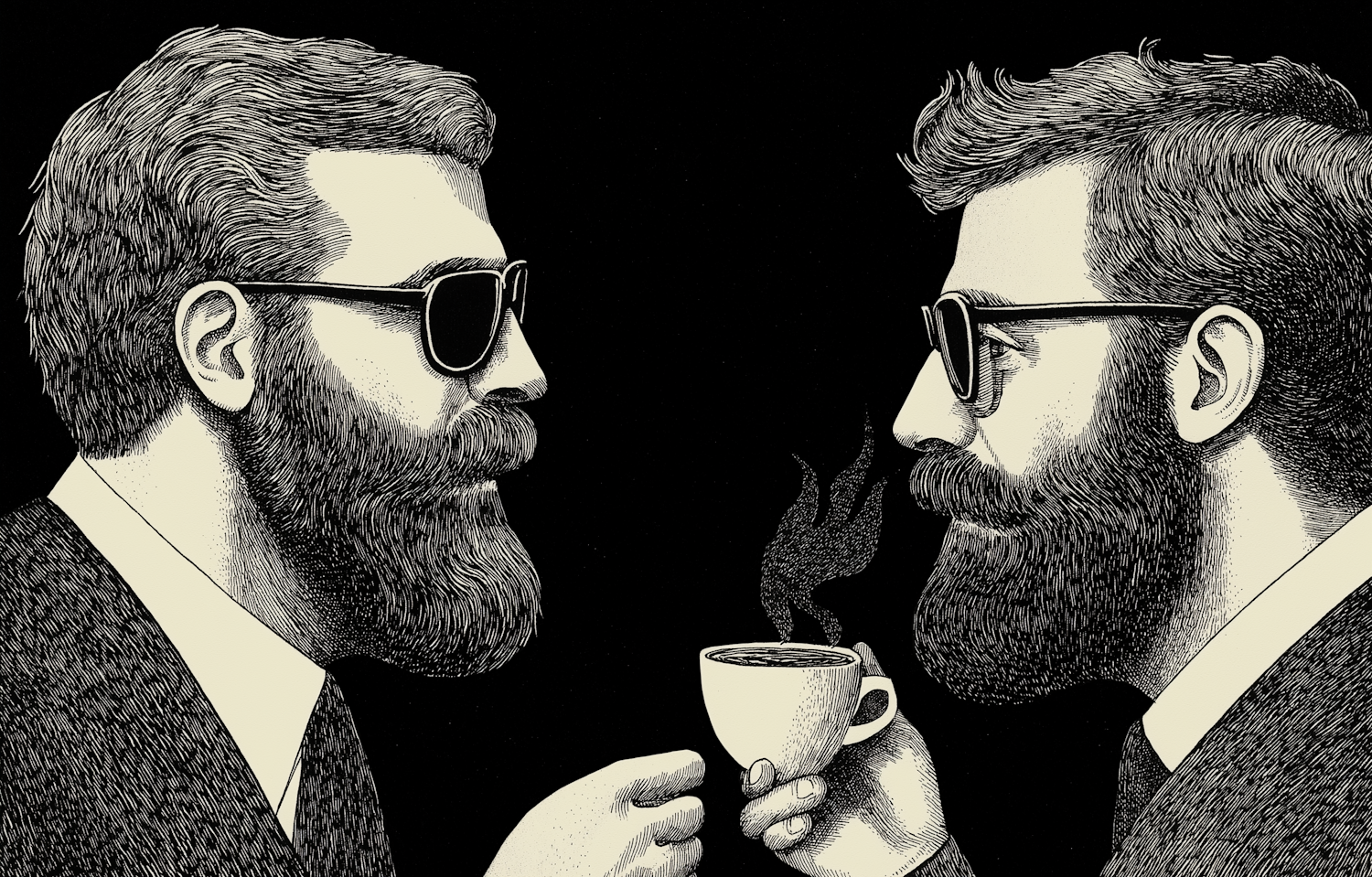 Symmetrical Male Figures Sharing Coffee