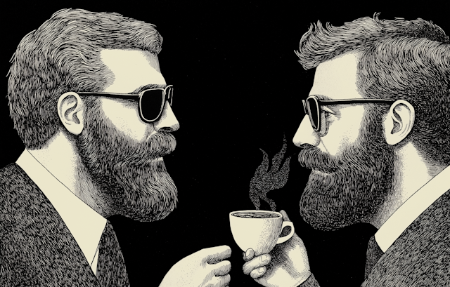 Symmetrical Male Figures Sharing Coffee