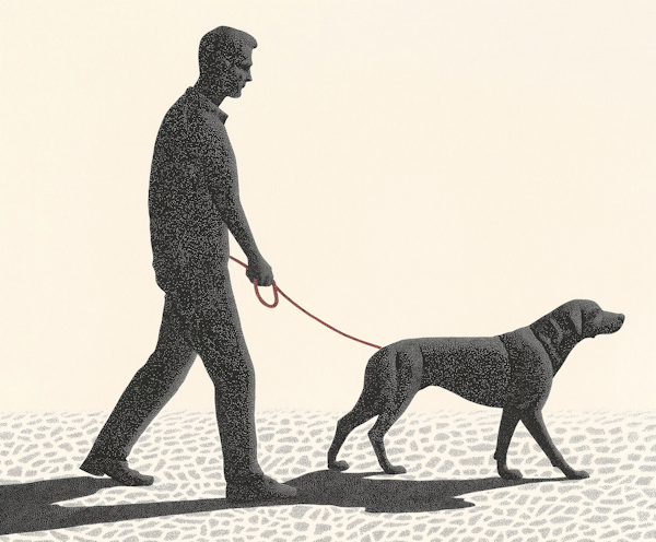 Stippled Silhouette of Man Walking Dog