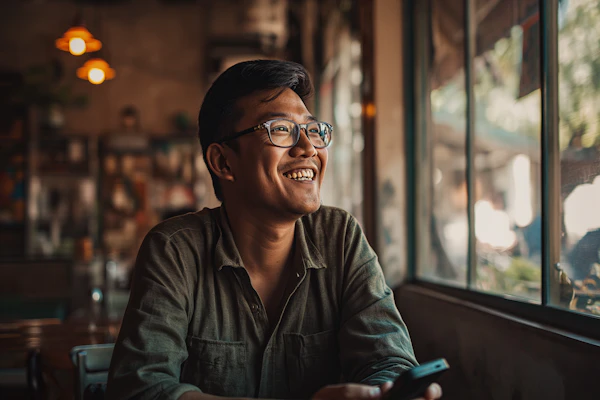 Cheerful Man in Café
