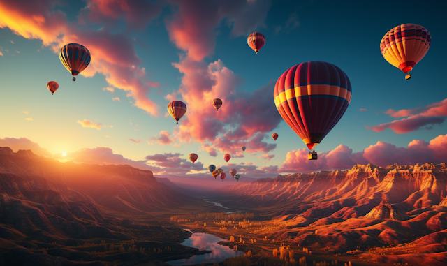 Sunrise Balloon Ascension Over Mountainous Terrain