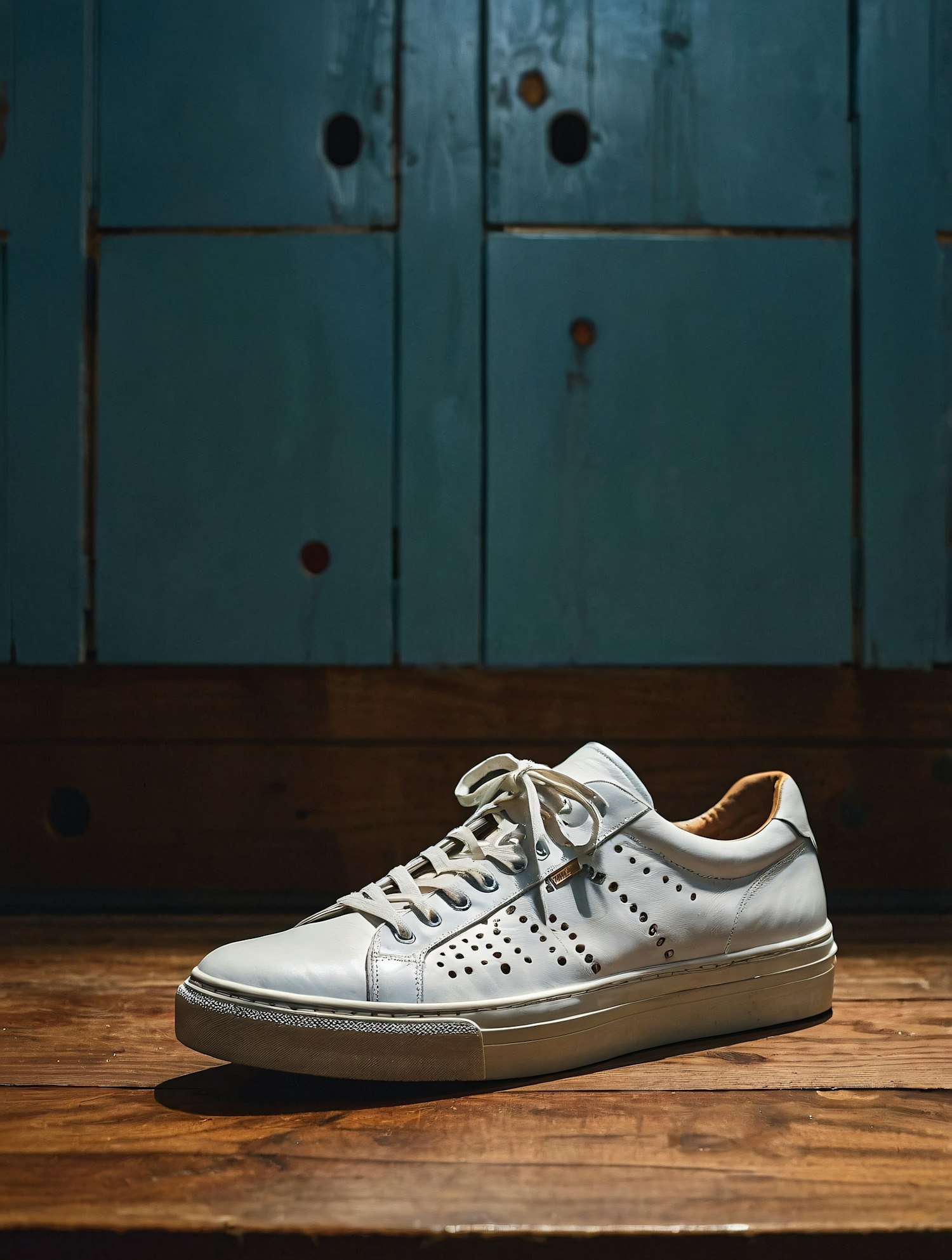 White Sneaker on Wooden Surface