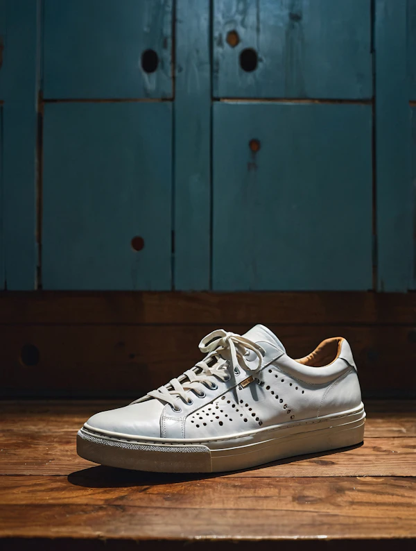 White Sneaker on Wooden Surface