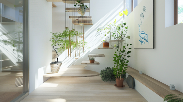 Sunlit Interior with Floating Staircase and Greenery