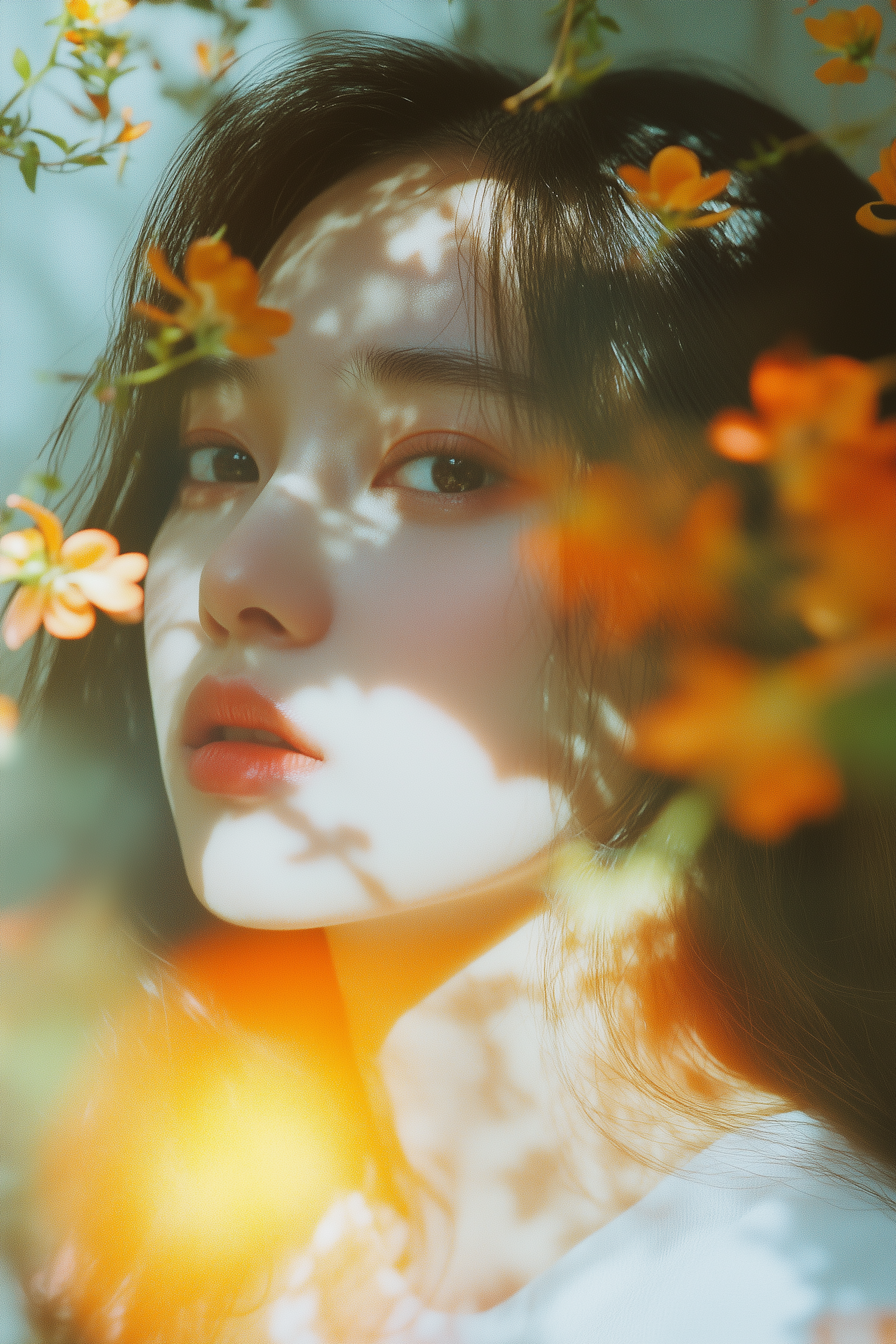 Serene Portrait with Orange Flowers