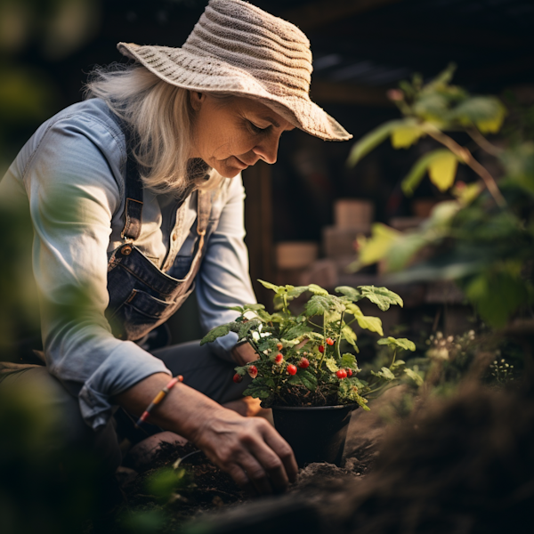 Serene Gardener In Sunhat Tending to Strawberry Plants