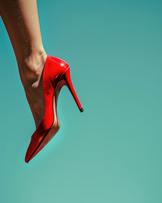 Red High-Heeled Shoe on Turquoise Background