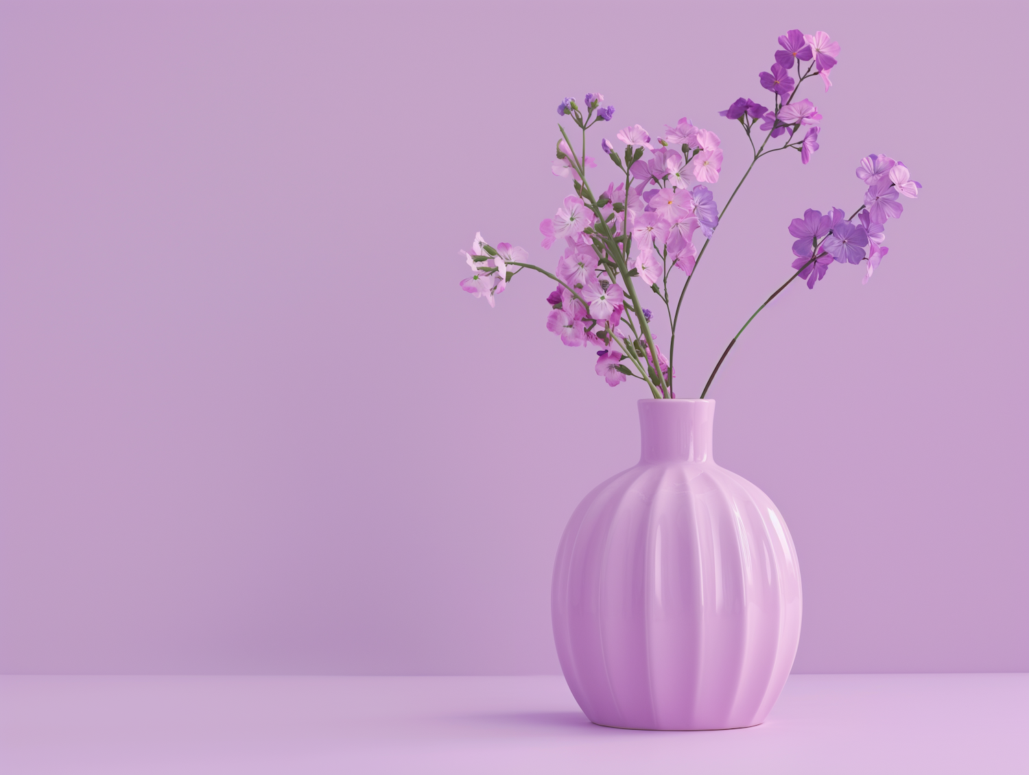 Pastel Pink Vase with Purple Flowers