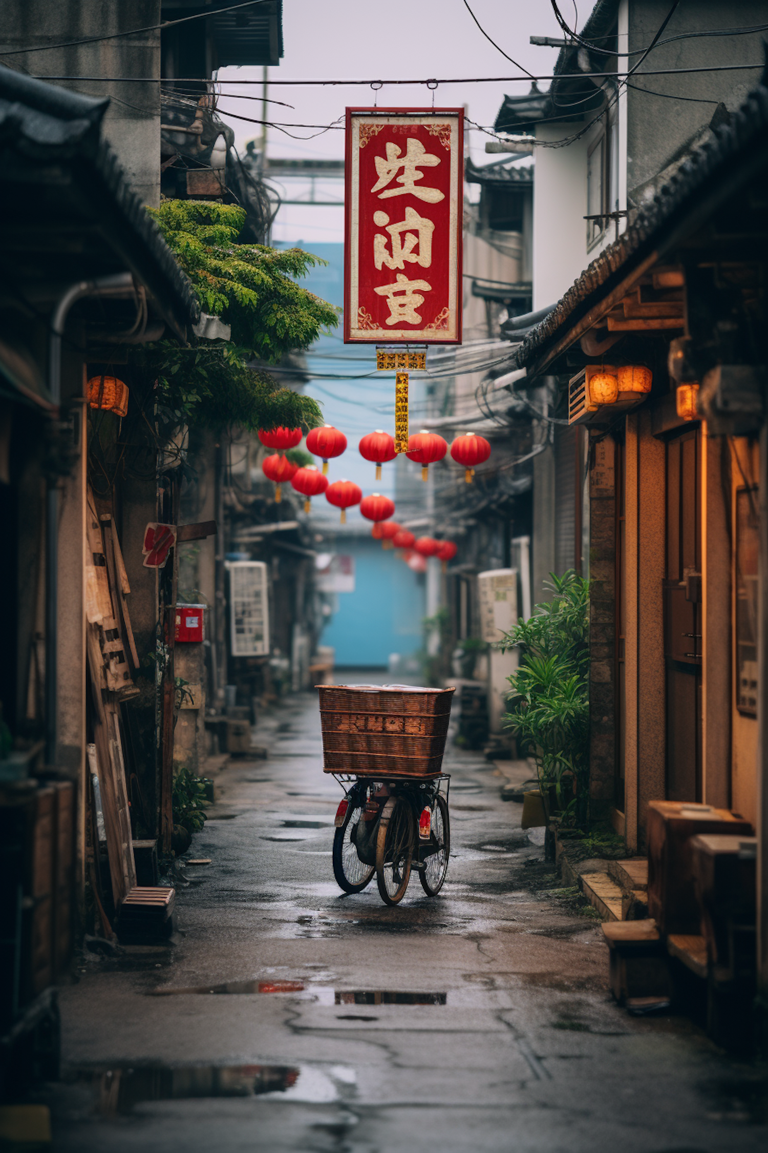 Serene East Asian Alley with Red Lanterns and Traditional Signage