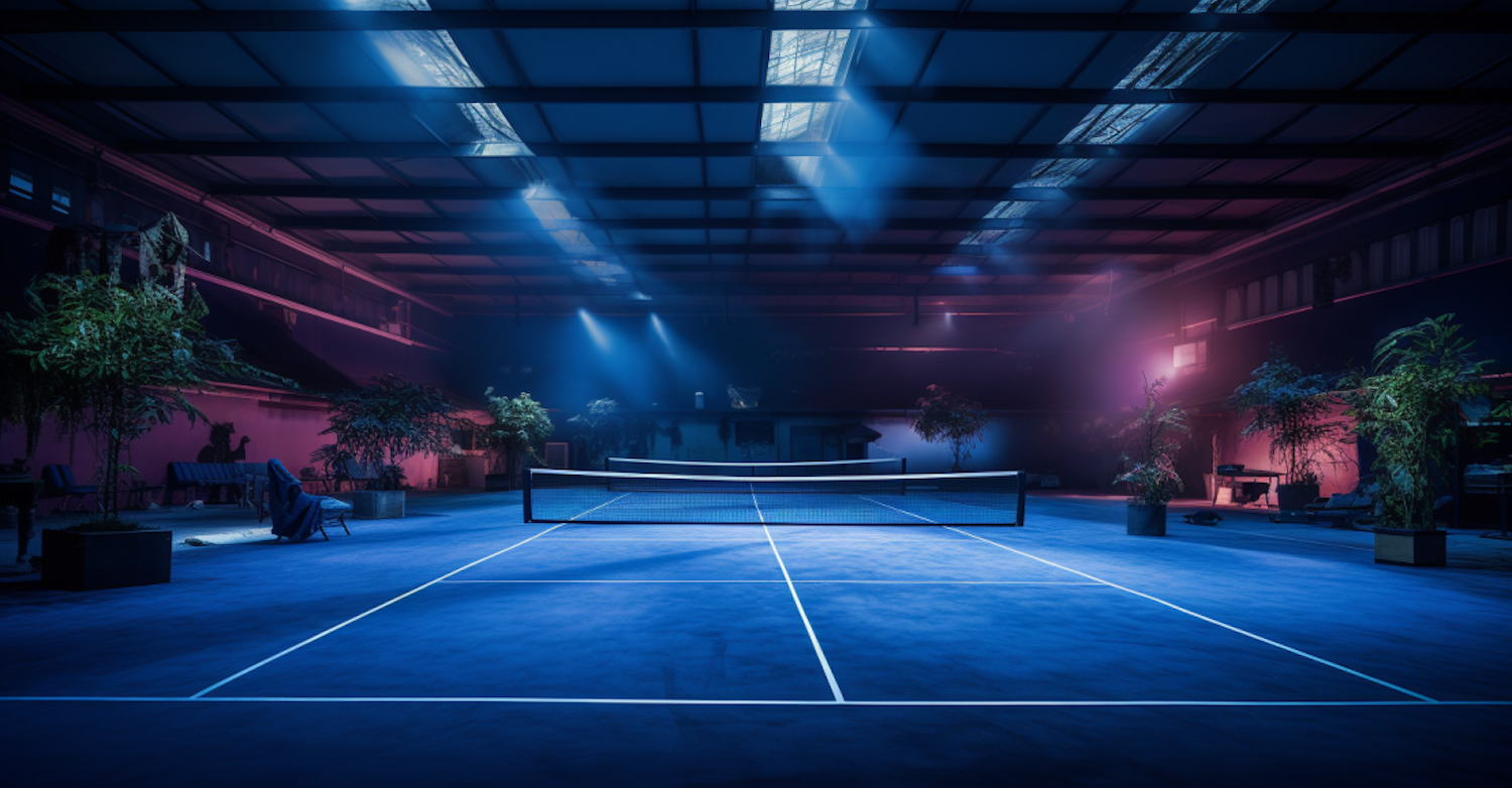 Ethereal Court: An Illuminated Indoor Tennis Enigma