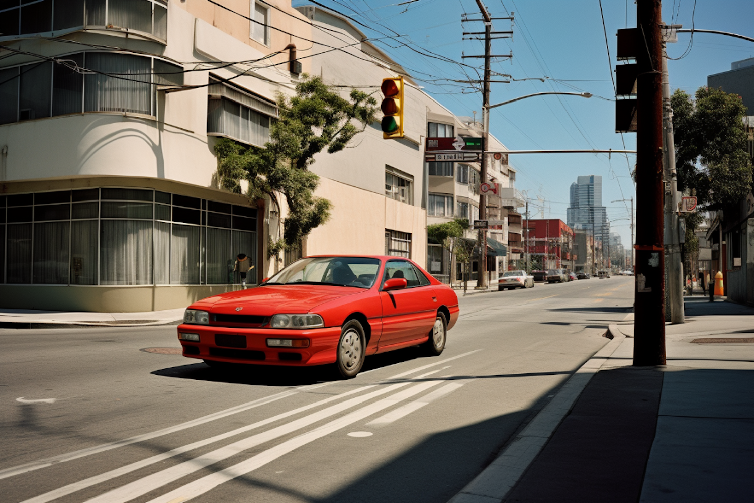 Red Coupe at Sunny Urban Intersection