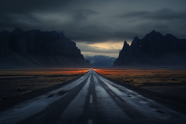 Fiery Horizon on a Moody Cliffside Road